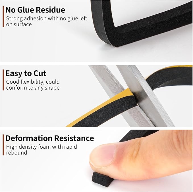 Yotache 3 Strips Foam Weather Stripping 1/4" W X 1/4" T, New Adhesive Craft, Insulation Soundproofing Strips Tape Gasket Seal for Door Frame and Window, Sliding Door Jamb, Total 30 Ft (3 X 10 Ft Each)