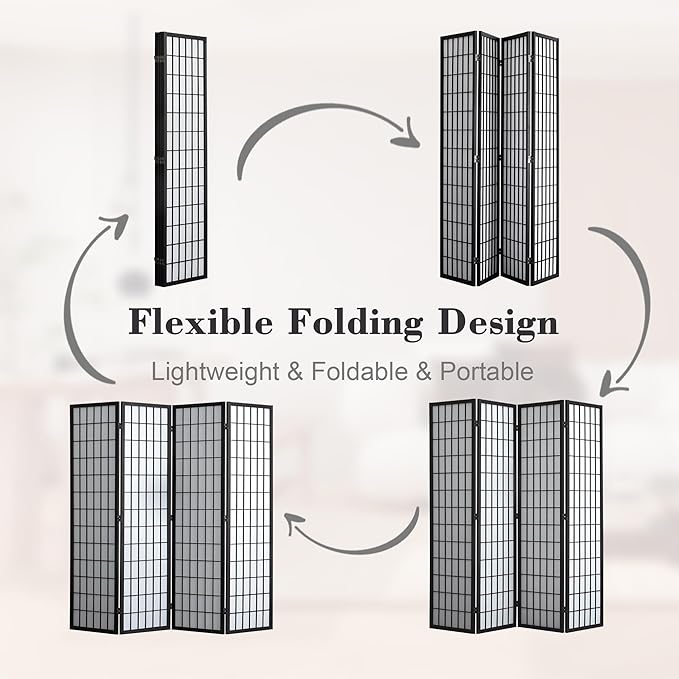 WelFurGeer 4 Panel Shoji Screen Room Divider, Folding Privacy Screens, Room Partitions and Dividers, Decorative Room Dividers, Wall Dividers for Room Separation, Japanese Room Divider for Home (Black)