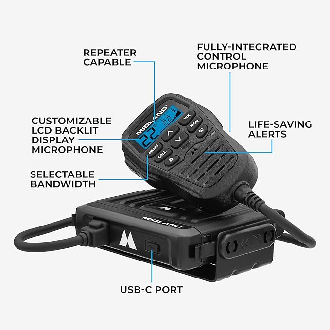 Midland® - MXT275 MicroMobile GMRS Radio - 15 watts Two-Way Radio with Integrated Control Microphone - Overland Caravanning Tractors - Detachable External Magnetic Mount Antenna - 8 Repeater Channels