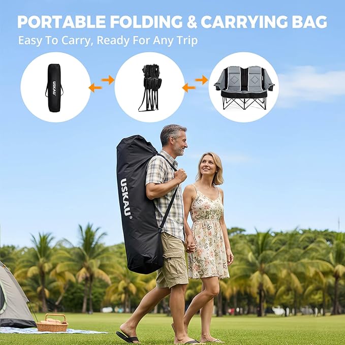 Oversized Double Camping Chair - 2 Person Portable Folding Outdoor Loveseat Heavy Duty Lawn Chairs for Adults with Padded Cushion & Dual Cup Holders, Supports 660LBS for Camping，Sports，Picnic