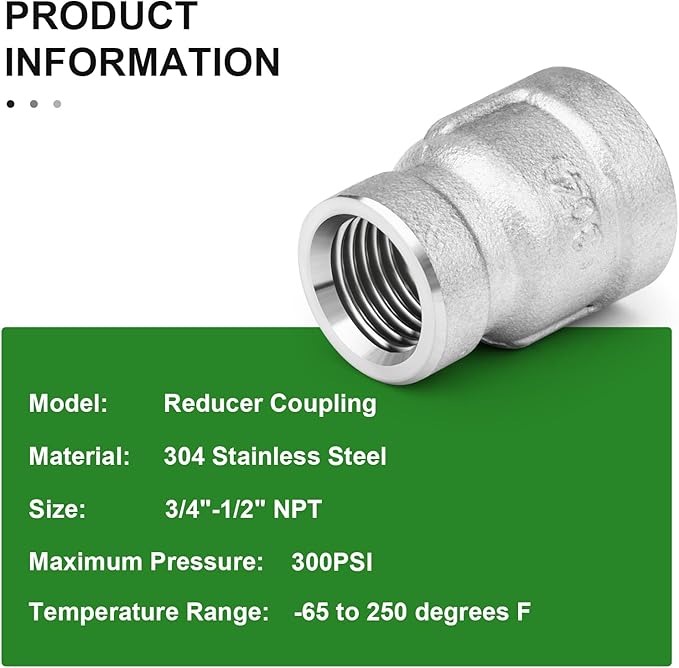TAISHER 5PCS 304 Stainless Steel Cast Pipe Fitting, Reducer Coupling, 3/4" x 1/2" NPT Female Threaded