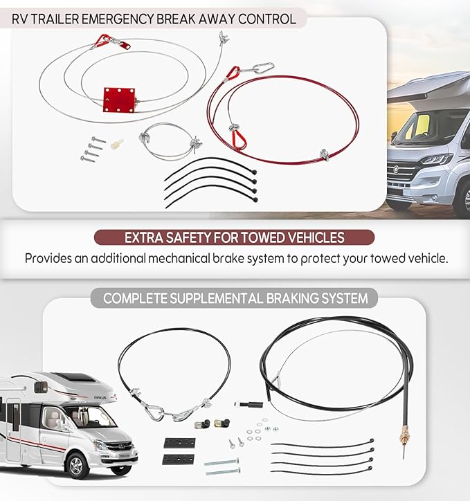 Camoo RV Brake Systems for Flat Towing, Emergency Break Away Device and Ready Stop Device,w/Break Pedal Connected Cables Kit Work Between Flat-Towing Cars and RV Tow Bars