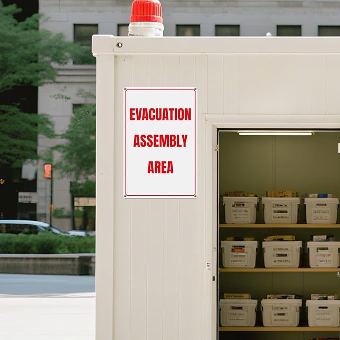 Evacuation Assembly Area Sign 12 × 18 Inches Pre-Drilled Holes Waterproof Signage Aluminum Metal Reflective Warning Notice for Business Factory Warehouse
