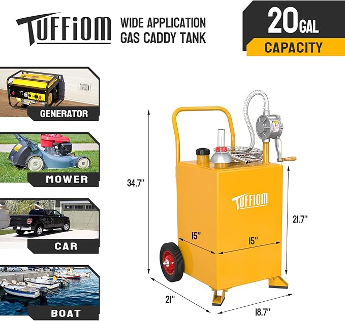 TUFFIOM 20 Gallon Fuel Gas Caddy w/Wheels & Manual Siphon Pump, Portable Diesel Fuel Transfer Storage Tank w/8.9ft Hose, Gasoline Can Container for ATV Car Mowers Tractor Boat Motorcycle