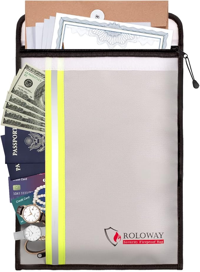 ROLOWAY Fireproof Document Bag (15 x 11 inch) with 2 Pockets, Fire Safe Envelope Bag for Cash, Legal Documents (Silver)