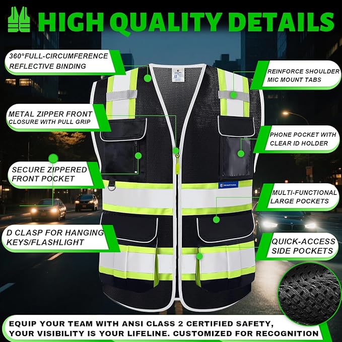 BeautyWill 10 Pack Custom Logo Safety Vest ANSI Class 2 High Visibility Reflective Vest Personalized Construction Vest Bulk