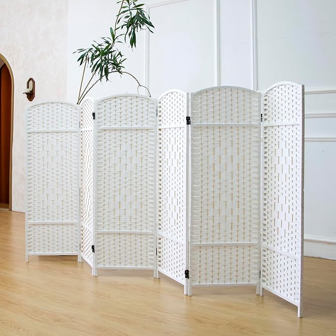 6 Panel Rattan Divider Short Room Partition Screen,Double Sided Folding Divider for Room Separation,White,47.2" H x 94.5" W