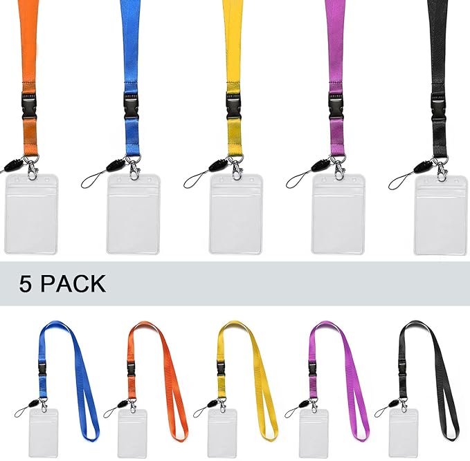 YOUOWO 5 Pack Neck Detachable Buckle Hook Breakaway Lanyards with Clear Vertical Badge Holder,for Office Keys Women Men Cell Phones USB Whistles, Black,Blue,Yellow,Orange,Purple
