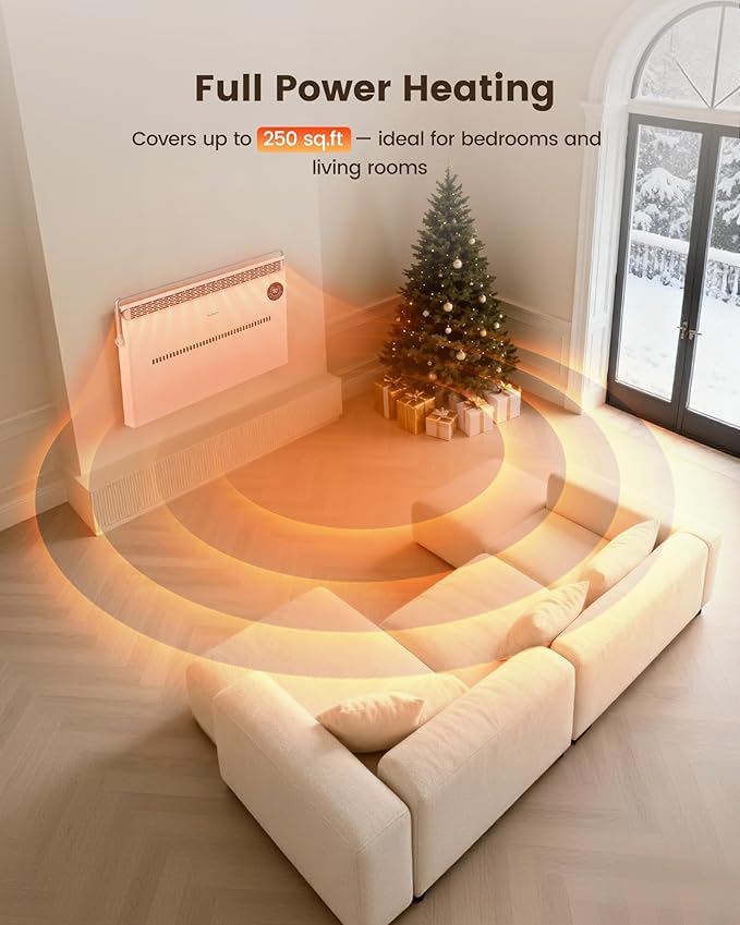 Space Heater, Quiet Convection Panel Heater for Indoor Use, Wall Mounted or Standing Electric Heater with Thermostat, 1500W, Remote Control, 12H Timer & Tip-Over Protection for Large Room