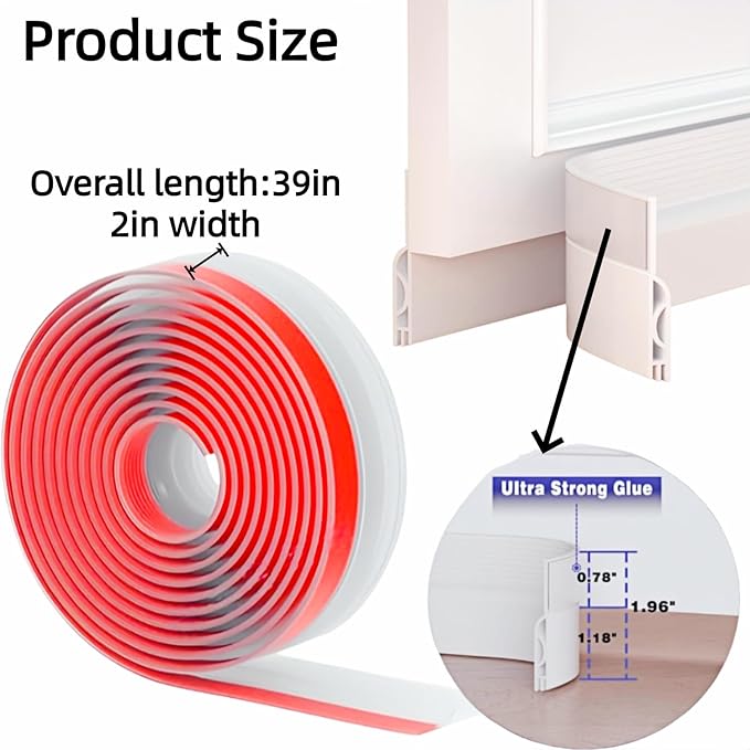 Door Draft Stopper, Adjustable 39-Inch Silicone Door Sweep for Bottom of Door, Gap Filler for Air & Noise Blocking, Weather Stripping Seal for Interior/Exterior Doors (White)