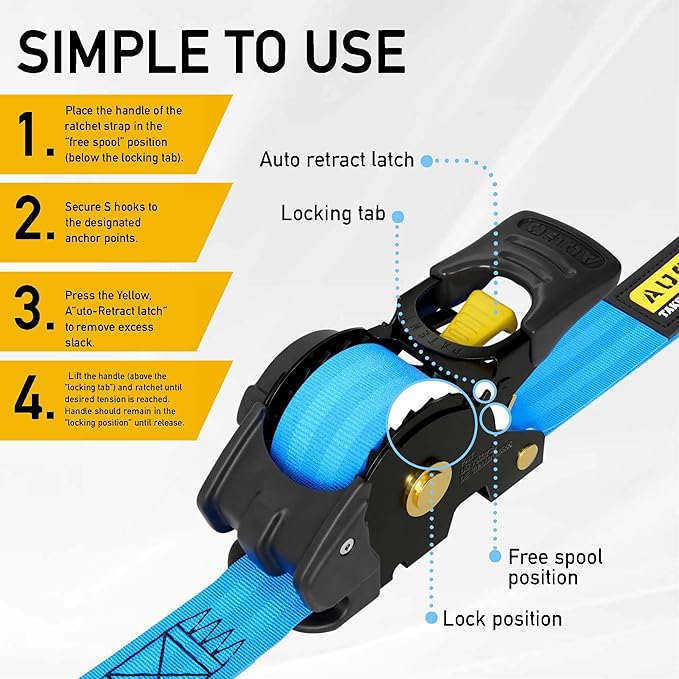 AUGO Retractable Ratchet Straps | 4 Heavy Duty Ratchet Straps Self Retractable Tie Downs with Soft Loops & Storage Bag for Motorcycle, Truck, Trailer, Cargo Van | 1200 Lb Break Strength 1” x 10’