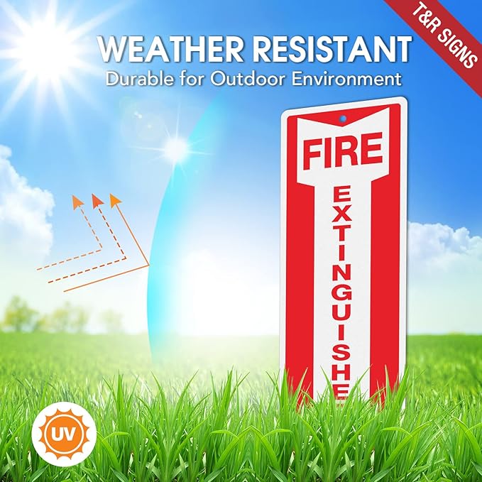T&R Metal Fire Extinguisher Sign - 2 Pack - 12"x4" .040 Rust Free Heavy Aluminum, Reflective, Waterproof, Weatherproof and Fade Resistant, 2 pre-drilled holes, Easy to Install Indoors and Outdoors