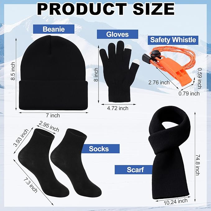 8 Pcs Portable Emergency Thermal Blanket Camping Sleeping Bag Solar Rechargeable Flashlight Emergency Safety Whistle Gloves Scarf Socks Beanie Set for Camping Hiking Travel Hunting(Orange)