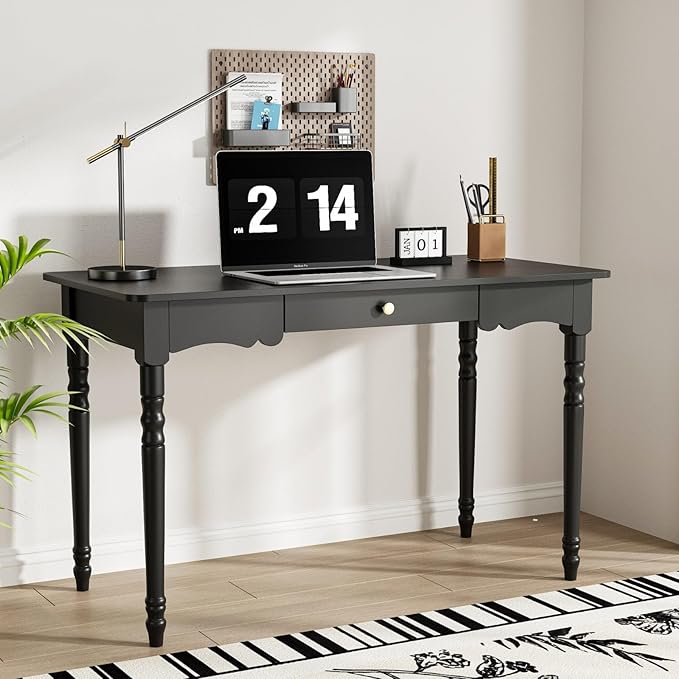 MOUMON Writing Desk with a Drawer, 47.2” Small Computer Desk for Home Office, Wood Study Table Craft Desks for Living Room Bedroom, Round Edge, Black, 23.6”D x 47.2”W x 29.4”H