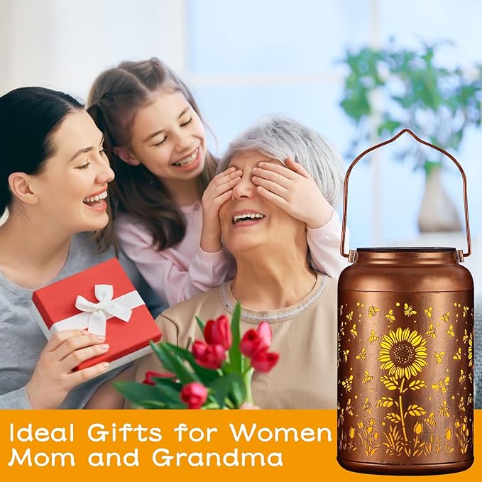 Solar Lanterns Outdoor, Waterproof Hanging Metal Solar Lanterns LED Decoration for Garden, Yard, Patio - Perfect Birthday Gifts for Women Mom Grandma(Sunflower+Bee)