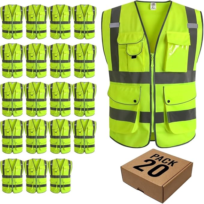 JKSafety 20 Pack 9 Pockets Class 2 High Visibility Zipper Front Safety Vest With Reflective Strips,Meets ANSI/ISEA Standard (Large, 156-Yellow)