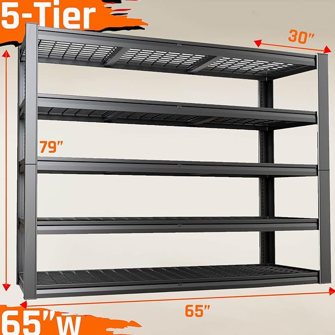 30" D Storage Shelves, 65" W Garage Shelving Heavy Duty Metal Adjustable Garage Shelves, 5 Tier Shelving Units Industrial Shelving for Warehouse, 65" W x 30" D x 79" H ， 2 Pack