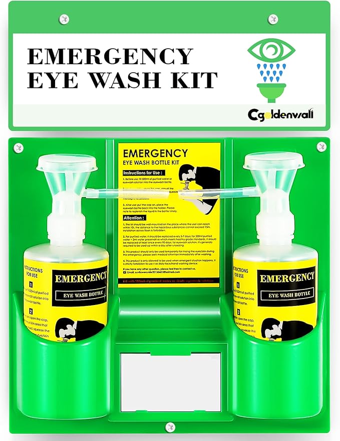 CGOLDENWALL Eye Wash Station Portable Emergency Eye Wash Kit, Wall Mounted Eyewash Station OSHA Approved, 2 * 16.9oz Bottles, with Mirror & Emergency Sign, Safety Material, NO Solution