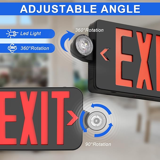 Black LED Exit Sign with Emergency Lights, Adjustable Two LED Head Exit Light with Battery Backup, UL Listed, AC 120/277V, Double Sided Hard Wired Commercial Emergency Light for Business (1 Pack)