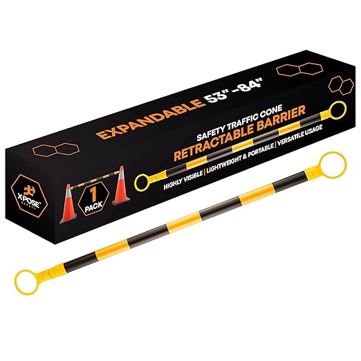 Retractable Barrier for Safety Traffic Cones - 2" OD - Large Yellow and Black Bar Barricade - for Road Construction, Parking, Warning, Temporary Security Divider (1, Yellow & Black, 53" x 84")