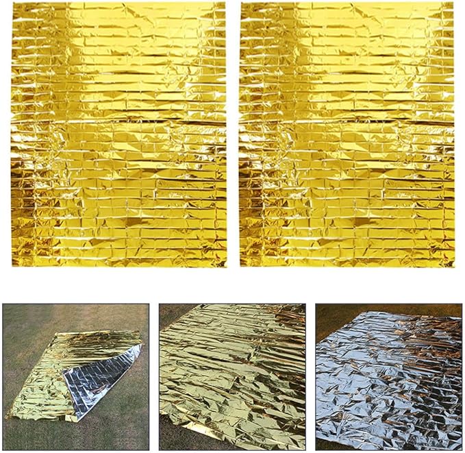 2Pcs Heavy Duty Emergency Thermal Survival Blankets Portable Insulated Reflective Tarps for Outdoor Camping Hiking and Cold Weather Protection