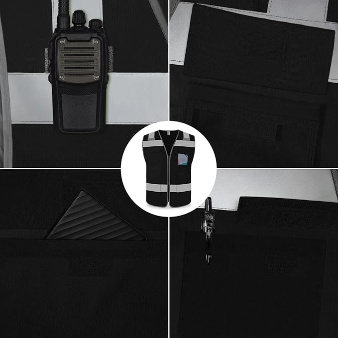 TCCFCCT High Visibility Vest 5 Pockets Reflective Safety Work Vest with High Reflective Strips, Meets ANSI/ISEA Standards, Black, XL
