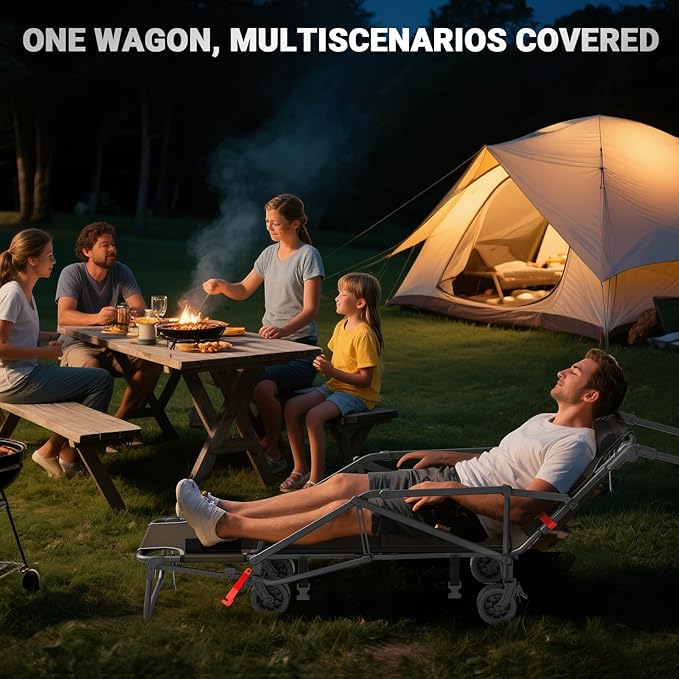 LEVELEVE Heavy Duty Folding Wagon-2-in-1 Collapsible Cart, 400lb Capacity, All-Terrain Wheels w/Brakes & Side Pockets