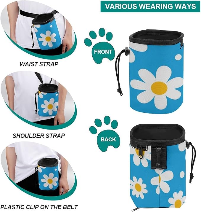 Portable Travel Dog Carrier Bag, Fashion Pet Training Package, Puppy Snack Pocket with Adjustable Waist Belt for Cat Dog Puppy Light Blue Floral Daisy Flower Dots