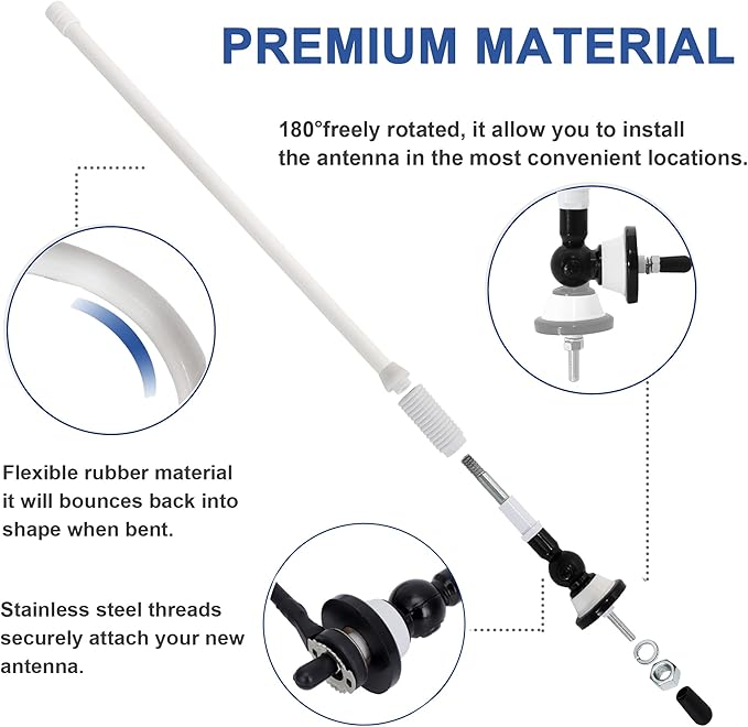 Anina 16 Inch Marine Trailer RV Radio Antenna Rubber Flexible Aerial Mast for Car Truck Boat ATV UTV Caravan Motorhome Motorcycle Radio FM/AM Reception Top Or Side Mount Rubber Antenna (White)