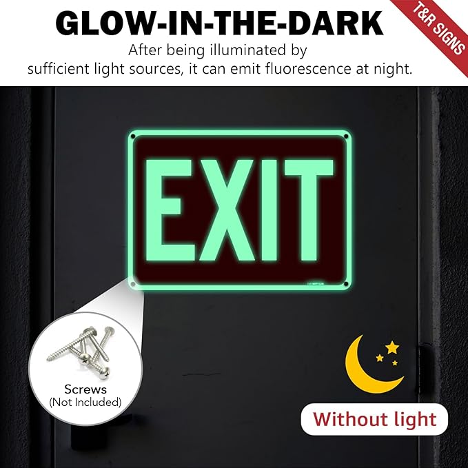 T&R Large Exit Sign - 14 x 10 Inches Rust Free .040 Aluminum Glow-In-The-Dark - UV Protected, Waterproof and Fade Resistant - 4 Pre-drilled Holes
