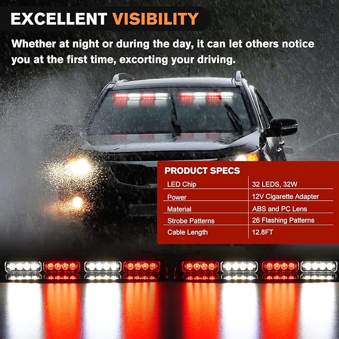 Nilight 32LED Red White Emergency Dash Strobe Lights with Controller Suction Cups Warning Hazard Interior Front/Rear Windshield Deck Split Light Bar for Truck Construction Vehicles