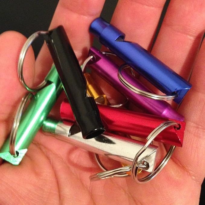 A Set of 5 Extra Loud Whistles for Camping Hiking Hunting Outdoors Sports and Emergency Situations, Sturdy but Light Aluminium Key Chain Signals
