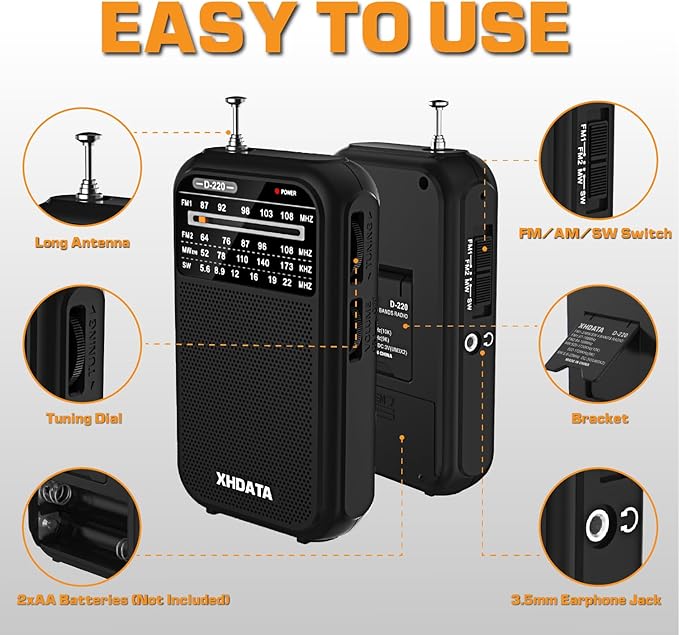 XHDATA D220 Portable Radio AM FM SW Shortwave Receiver Pocket Radios, 2 AA Battery Operated Transistor Radio with Excellent Reception for Gift, Family, Elder (Black)