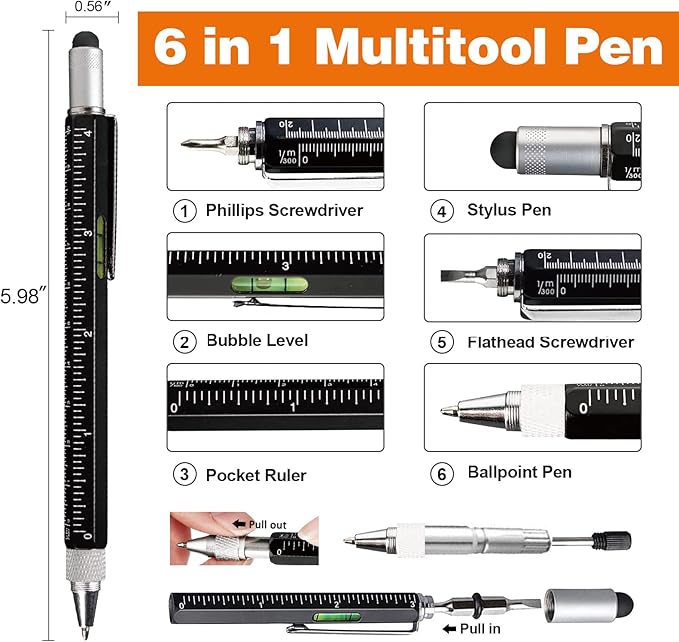 Magnetic Pickup Tool and 6 in 1 Multitool Pen with Touch Screen Stylus, Rulers, Bubble Level, Flathead, Phillips Screwdriver, Ballpoint Pen, Christmas Gifts Stocking Stuffers for Men, Teen Boys, 2Pack