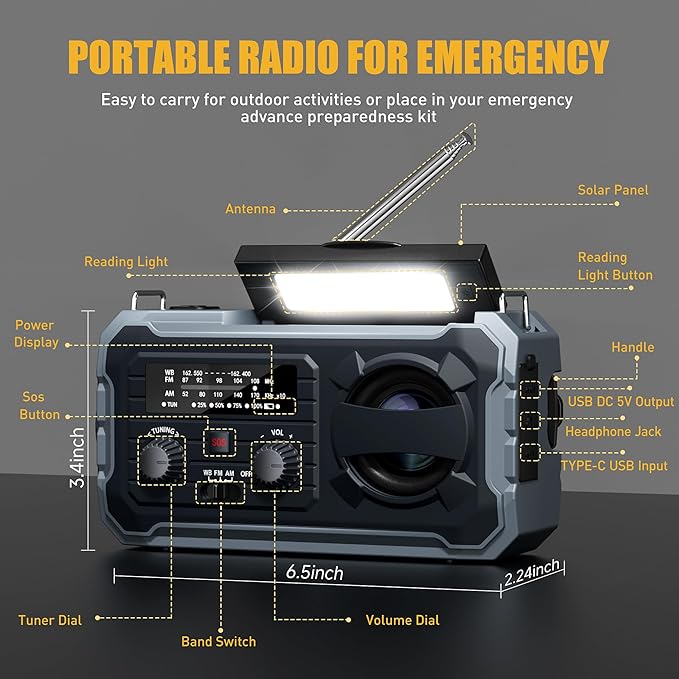 Hand Crank Emergency Radio, 10000mAh Weather Radio with AM/FM/NOAA, Solar Prower, SOS Alarm, Phone Charging, LED Flashlight, Portable Survival Gear for Outdoor & Home Emergencies Kits, Grey