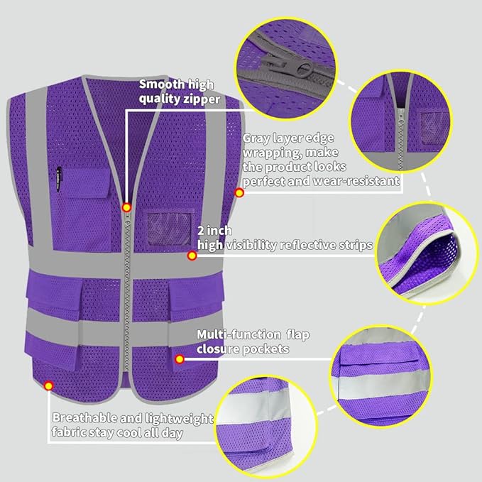 HYCOPROT High Visibility Mesh Safety Reflective Vest with Pockets and Zipper, Meets ANSI/ISEA Standards