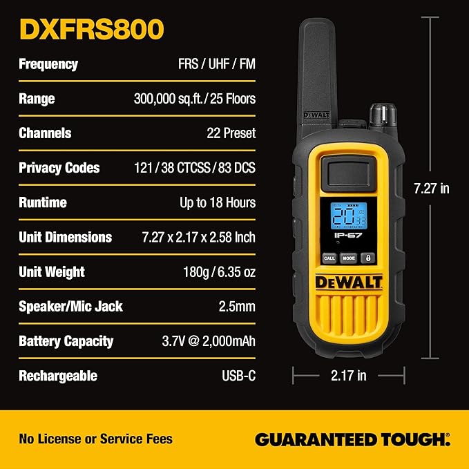 DEWALT FRS Walkie Talkies Long Range 2 Way Radio, 2 Watt, Waterproof & Rechargeable, 6 Pack with 6 Headsets & Gang Charger, DXFRS800BCH6-SV1