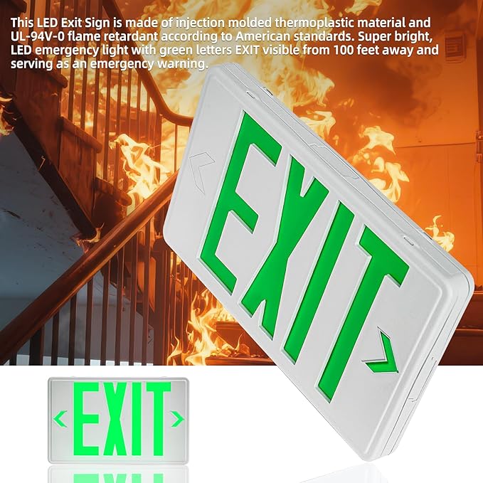 Green Exit Sign, LED Emergency Exit Sign with Battery Backup, Commercial Emergency Exit Light Combo for Business, 2 Adjustable Heads,120V/277V AC, UL-Listed, 2 Pack