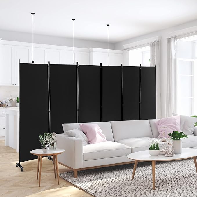 Giantex 6 Panel Room Divider, 132''W x 68''H Large Folding Privacy Screen, Rolling Partition Room Dividers for Home Office Studio Separation, Freestanding Fabric Wall Divider Screen on Wheels, Black