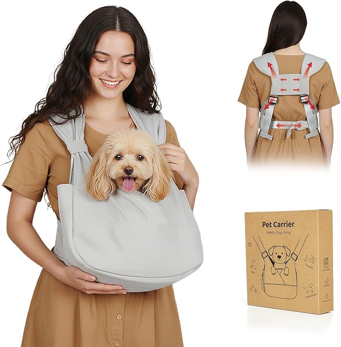 Dog Sling Carrier for Small Dogs with Bottom Support, Adjustable Pet Front Dog Carrier-Padded Straps Reducing Back Neck Pain, Anti-Anxiety Backpack for Travel Hiking Camping, Hands Free (Grey,S)