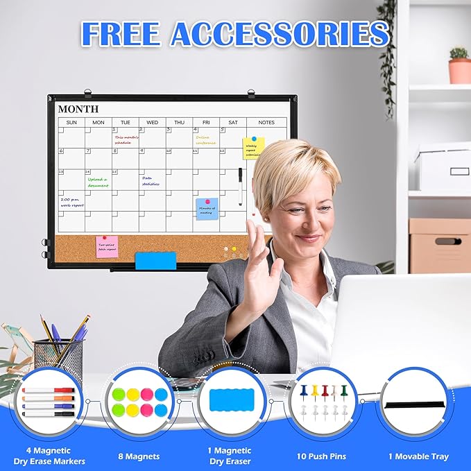 Monthly Calendar Whiteboard Dry Erase Cork Board Combo for Wall, 36" x 24" Magnetic Double-Sided Calendar White Board and Bulletin Board, Portable Board for Office, Kitchen, School, Home
