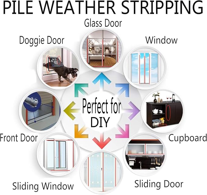Felt Pile Weather Stripping Brush for Sliding Windows/Doors Frame Side, Self Adhesive Weatherstrip Seal Strip Sealer for Soundproofing (16ft x11/32 Backing x 9/16 Brush inch, White)