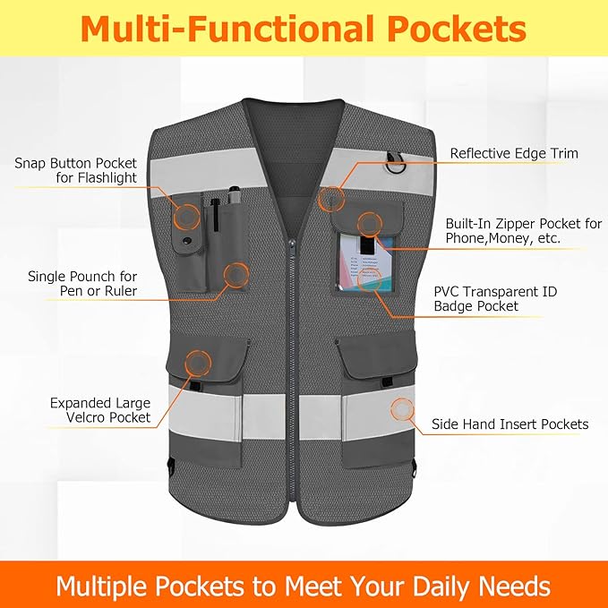 TCCFCCT Mesh Work Vest for Men Women 9 Pockets High Visibility Safety Vest with Reinforced Sewing, Hi Vis Reflective Vest for Workers, Surveyors, Meets ANSI/ISEA, (Grey, 4X-Large)