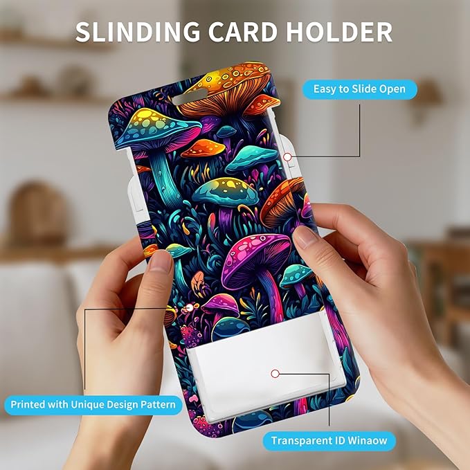 ID Badge Holder with Retractable Lanyard for Women & Men,Vertical ID Card Holder Wallet,Clear Window&Card Slot,Detachable Neck Strap for Nurse Teacher Office,Colorful Mushroom
