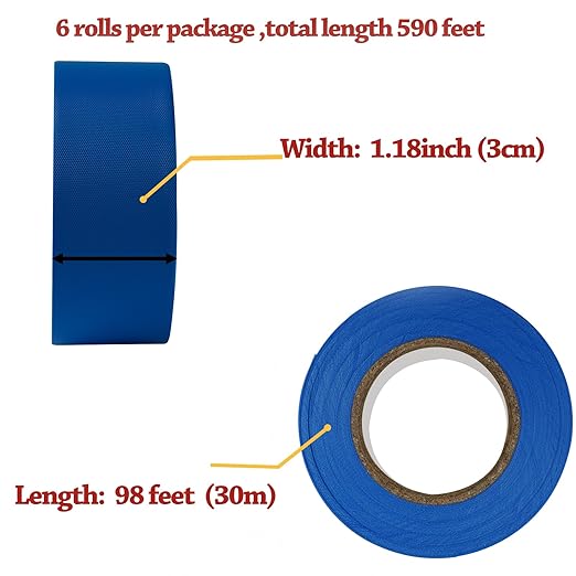 GEYYANG Blue Flagging Tape,3.35 Mil Thick,1-3/16" x 98ft, 6 Rolls - NO Adhesive - Survey and Mark Boundaries, Trees and Hazardous Areas - Weatherproof and Fade-Resistant