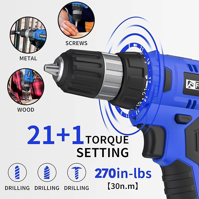 FADAKWALT 20V Electric Drill Set with Battery and Charger, 30N Torque, 21+1 Settings, 3/8-Inch Keyless Chuck, LED Electric Drill Set (Blue)