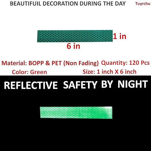 Green Reflective Stickers 1 inch X 6 inch, Outdoor Waterproof High Visibility Warning Safety Adhesive Reflector Tape (120 Pcs)