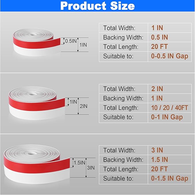 ToLanbbt Weather Stripping Silicone Door Seal Strip 2 in x 40 ft Door Draft Stopper Self Adhesive Door Draft Tape, Side & Bottom Gaps Insulation Strip for Glass Shower Door Sliding Door Window, White