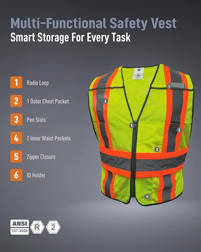GE Multi-Functional Safety Vest Expandable 5-Point Breakaway High Visibility with Zipper Pockets, Class 2