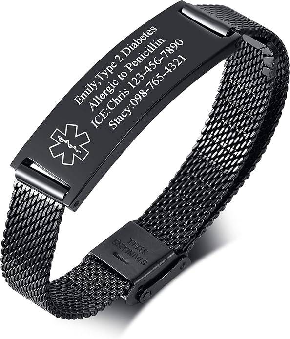 VNOX Medical Alert Bracelets for Men & Women Kids with Free Engraving Adjustable Stainless Steel Mesh Emergency Medical ID Bracelets Wristband